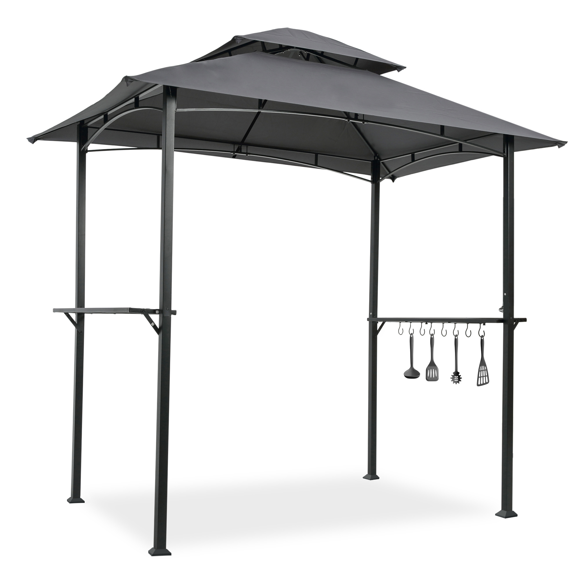 Outdoor Grill Gazebo 8 x 5 Ft;  Shelter Tent;  Double Tier Soft Top Canopy and Steel Frame with hook and Bar Counters (Color: Gray)