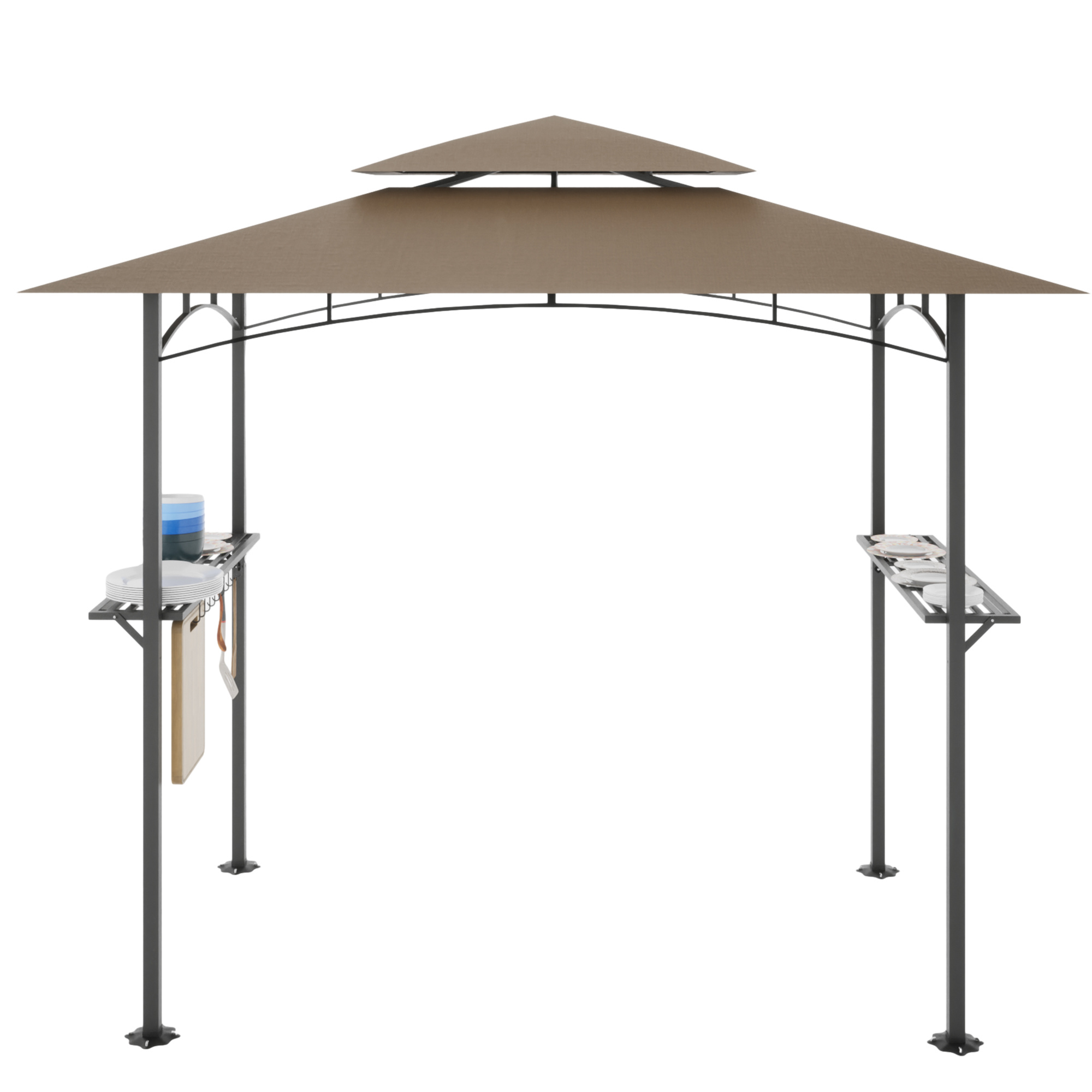 8 x 5 FT Grill Pergola Tent with Air Vent Double Tiered BBQ Gazebo Outdoor Barbecue Canopy, Khaki/Gray (Color: Khaki)